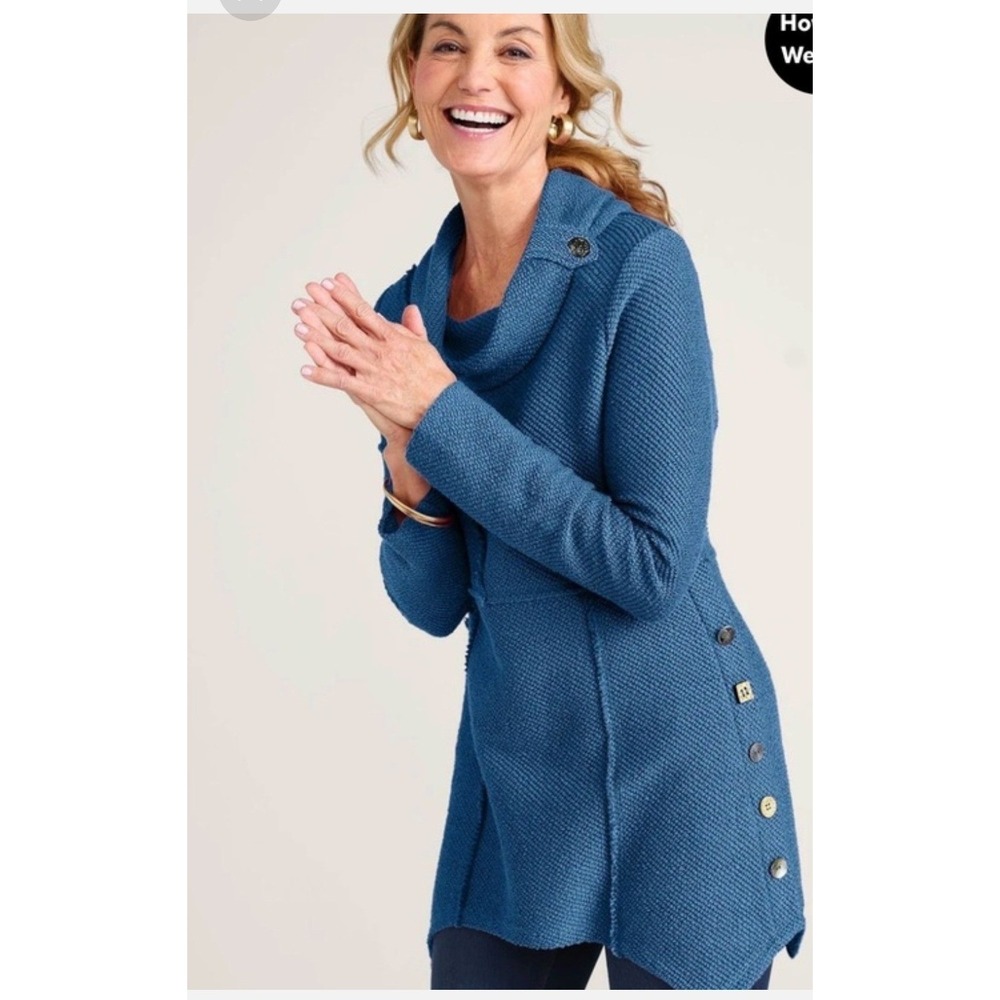 Ali Miles Tunic Sweater PS Blue Cowl Neck Asymmetrical Button Knit Lagenlook Art